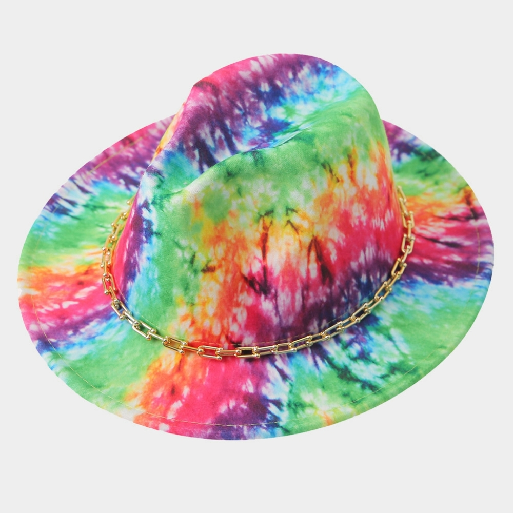 Tye - Dye Printed Fedora Hat w/ Chain